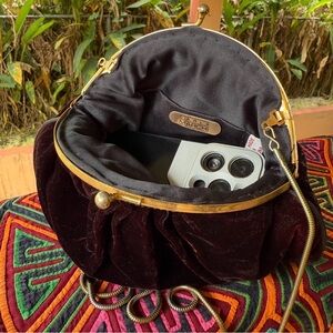 Carla Marchi Velvet Kisslock Evening Bag Burgundy Clutch Purse Chain